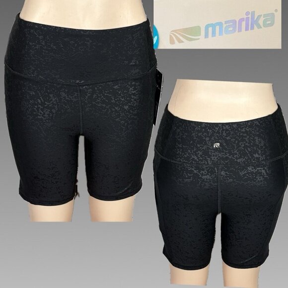 Marika L Black Emboss High Waistband Side Zip Cell Pocket Dry Wik Bike Shorts - Picture 1 of 6